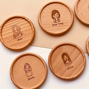 Custom laser-engraved wooden coasters | Personalize with photos and logos, made from solid hardwood suitable for tea and coffee cups, with a heat-resistant base. A perfect wedding gift or a creative housewarming idea.
