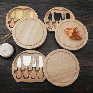 Round Rubberwood Cheese Board 4-Piece Stainless Steel Cheese Tool Set