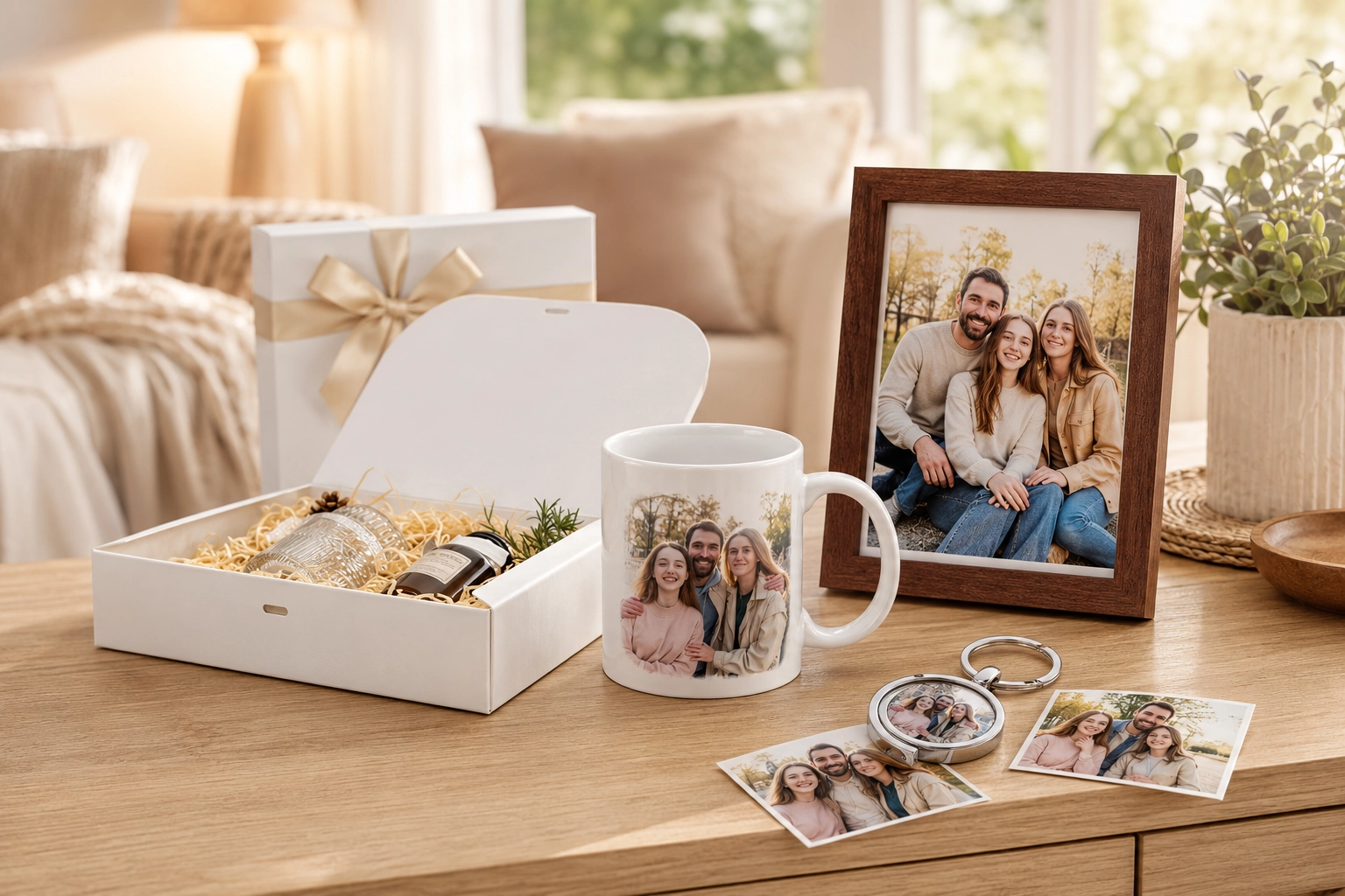 Personalized photo gifts including a custom family mug displayed on a wooden coffee table.