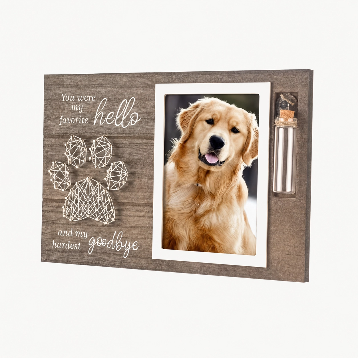 Personalized rustic dog memorial photo frame with keepsake vial