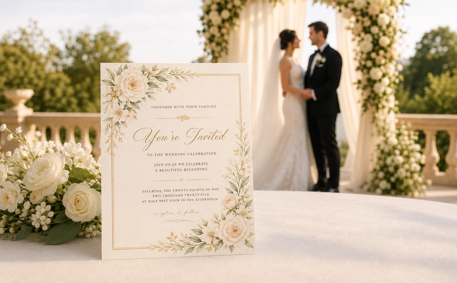 Elegant floral wedding invitation beside bouquet with bride and groom at garden ceremony