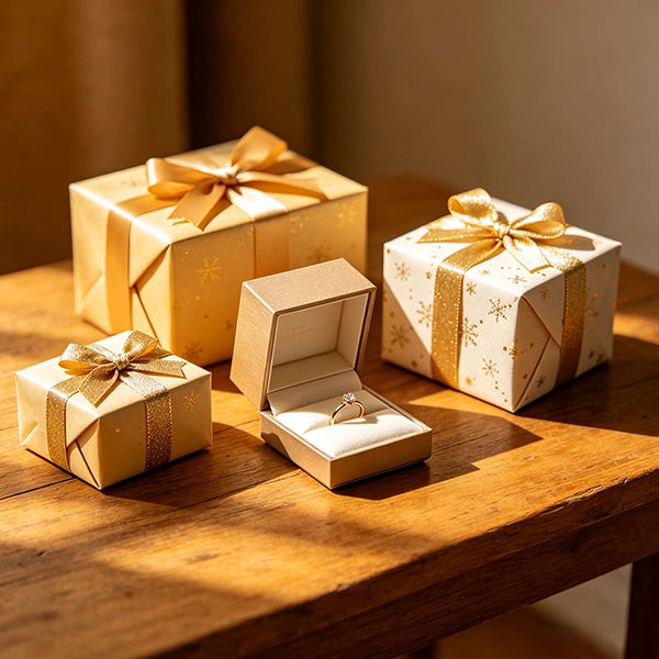 Gold holiday gifts surround an open diamond engagement ring box.