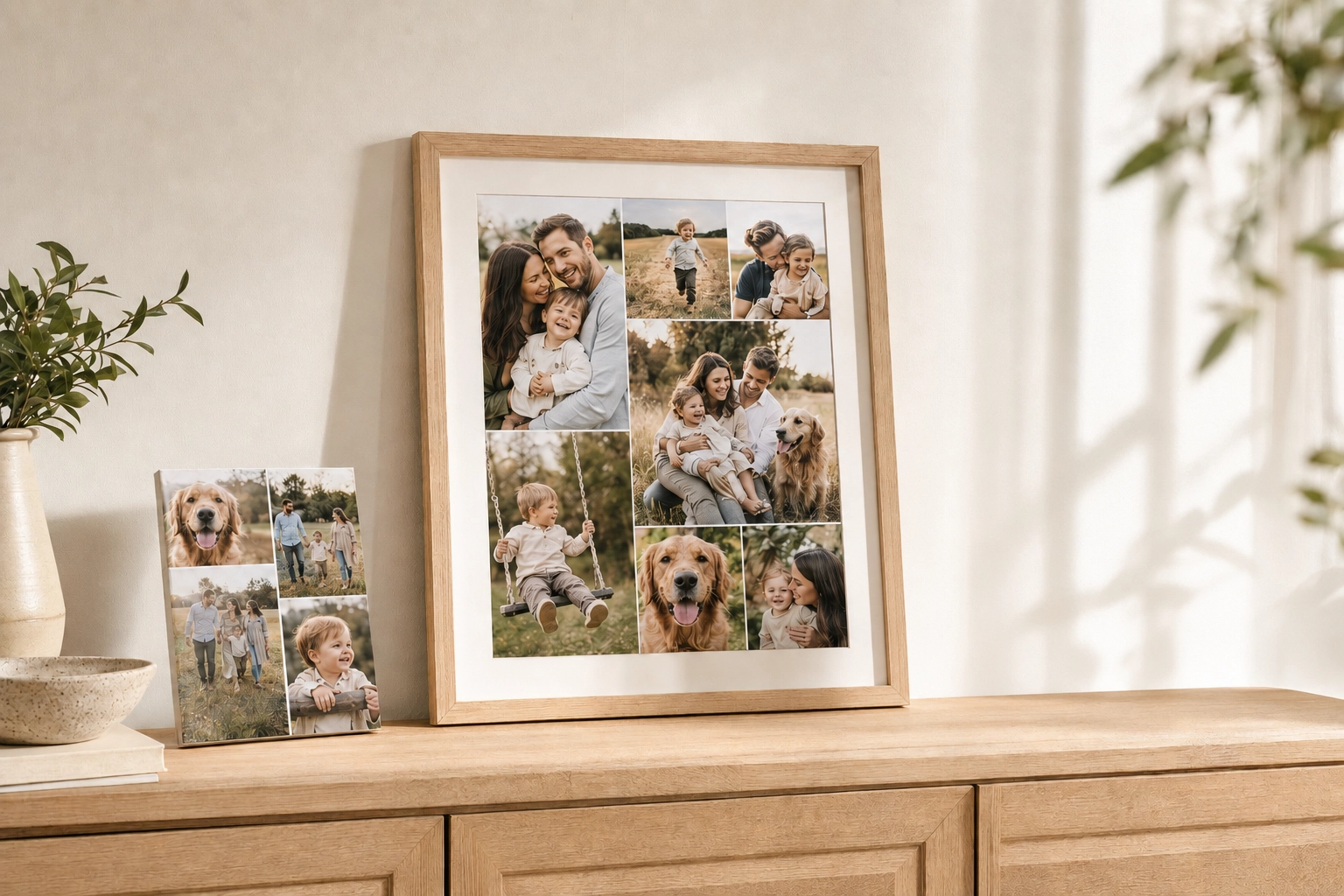 Personalized family photo collage in oak frame on wooden sideboard