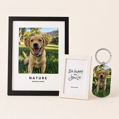 Personalized pet photo frame and keychain gift set with golden Labrador portrait