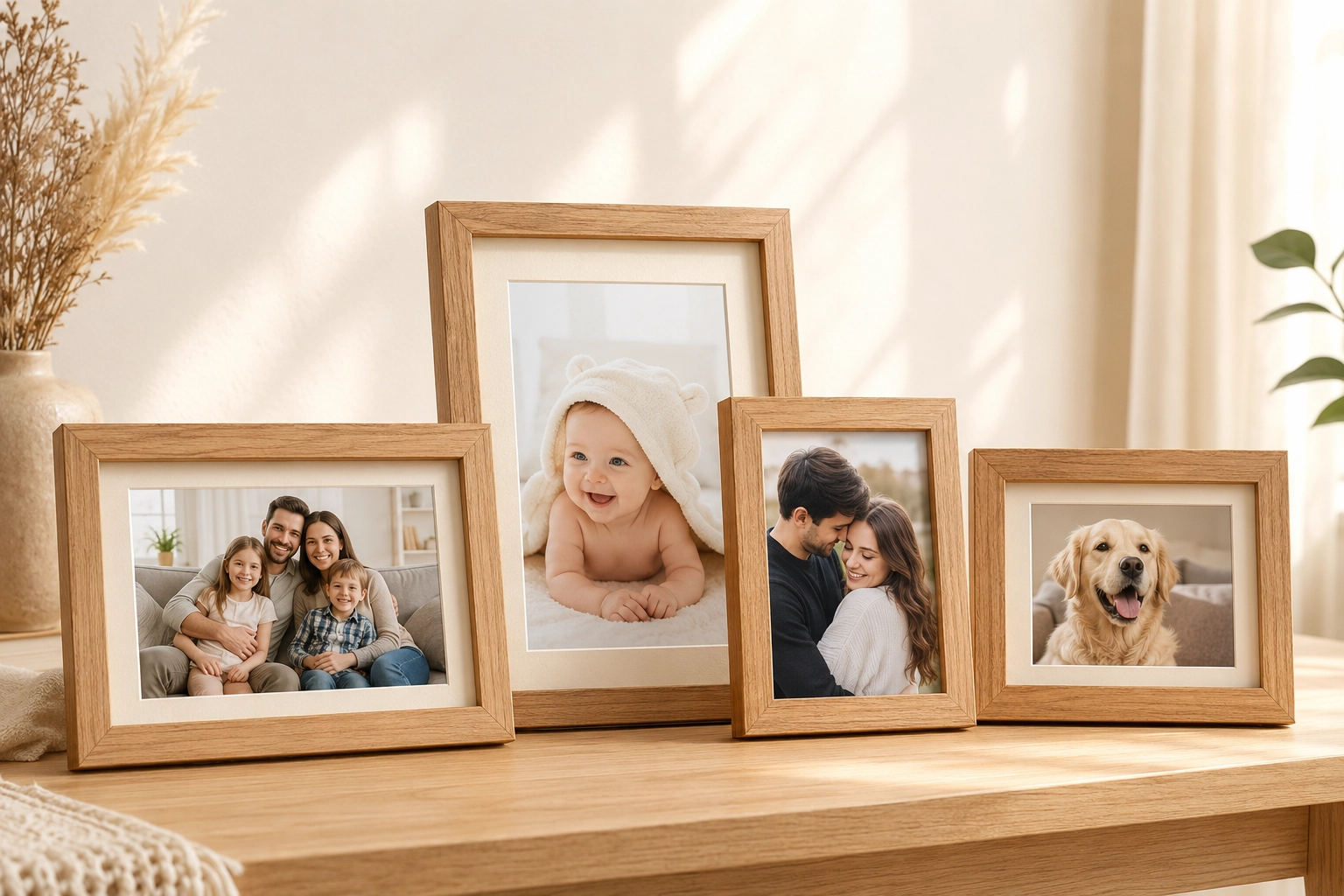 Personalized wooden photo frames display cherished family and pet memories.
