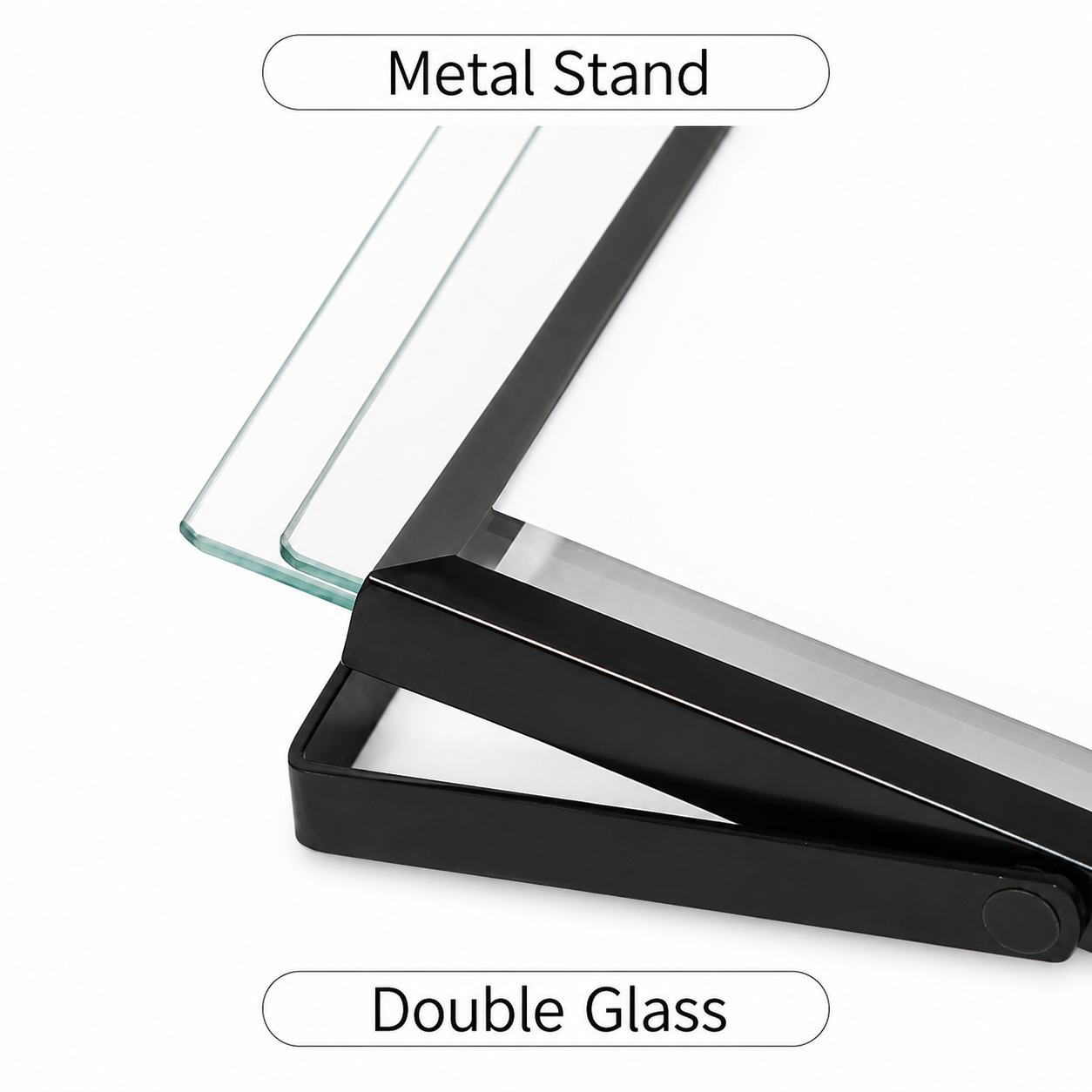 Black metal floating photo frame with double glass and tabletop stand.