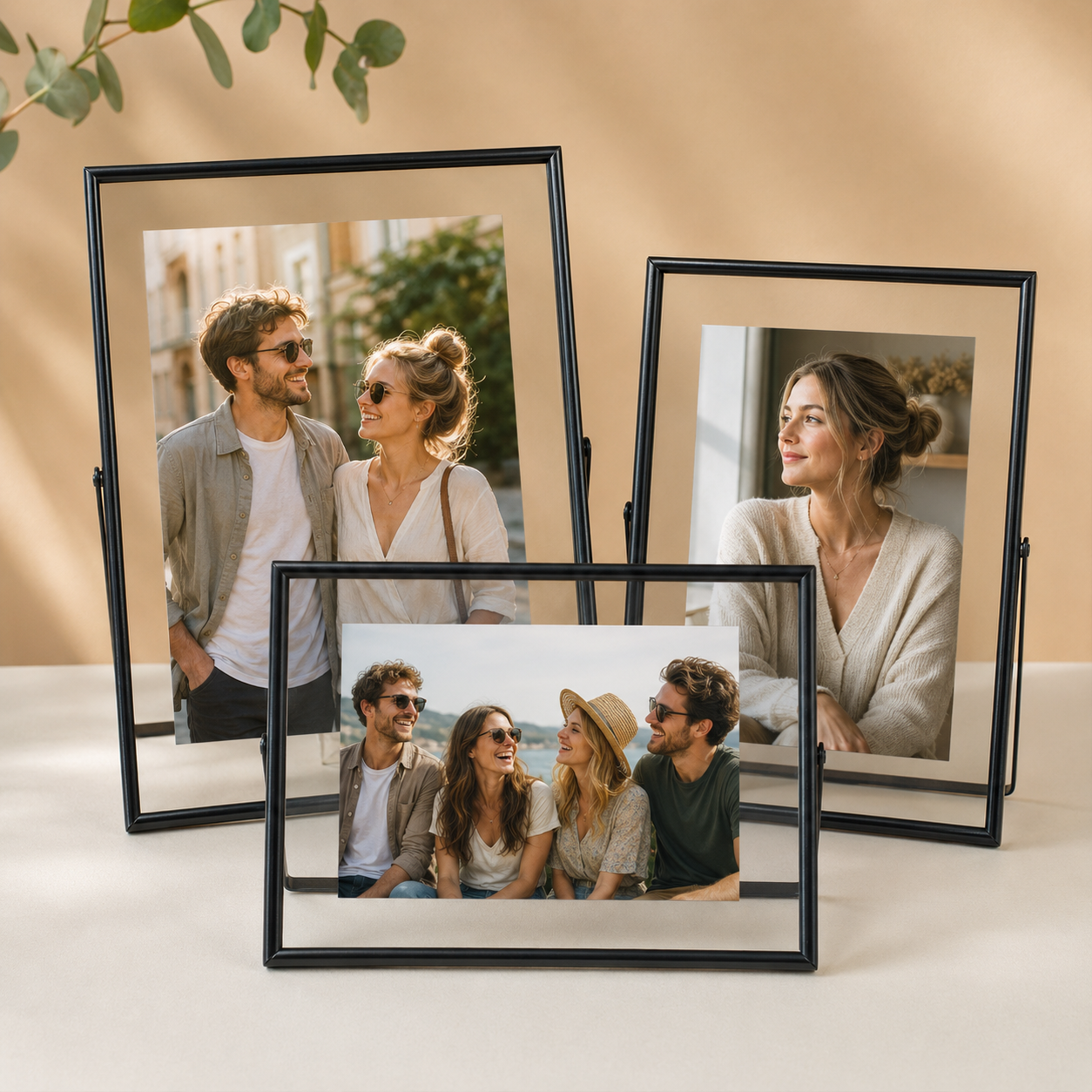 Sleek black metal floating tabletop photo frames for modern home decor.