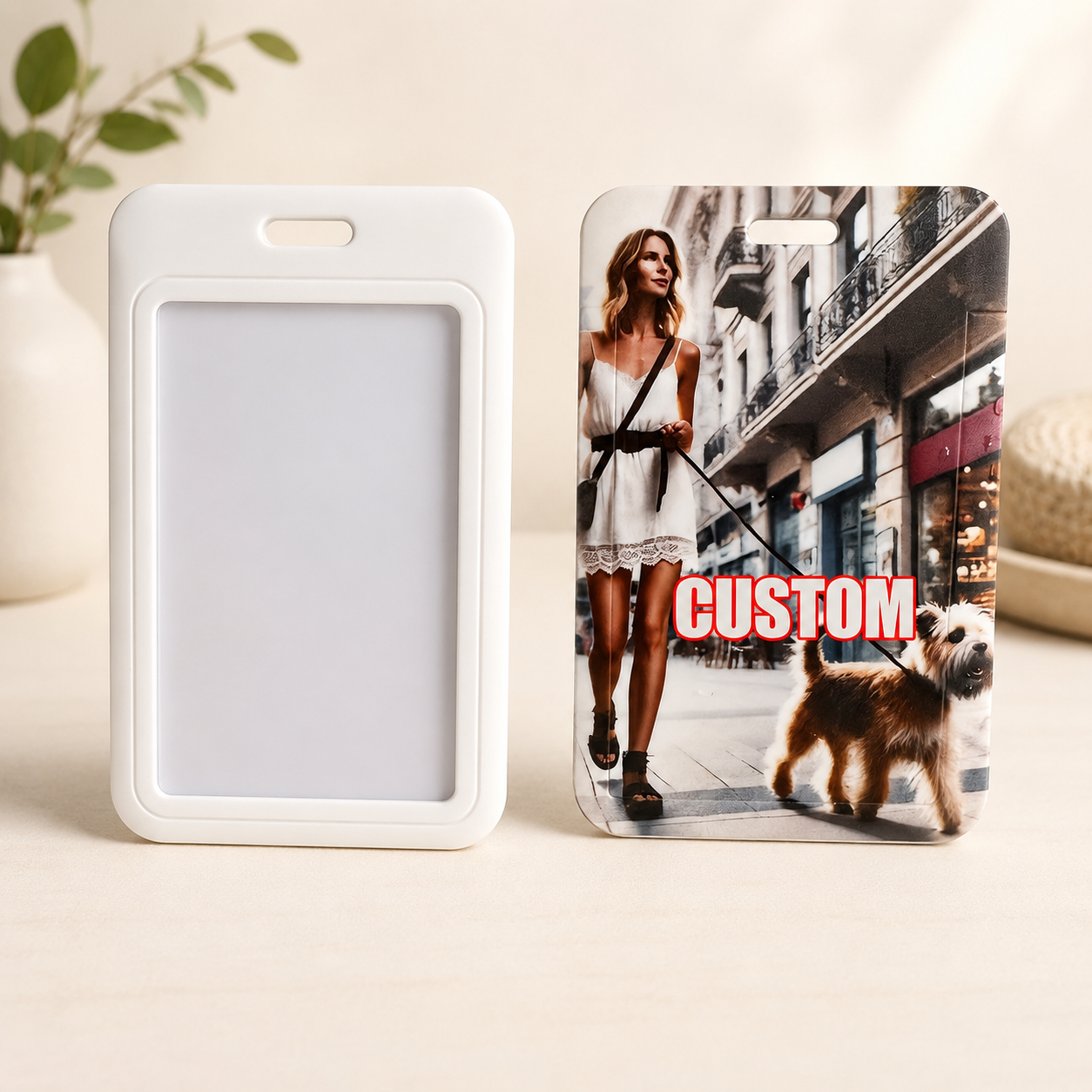 Custom printed ID badge holder with blank sample for employee and event badges.