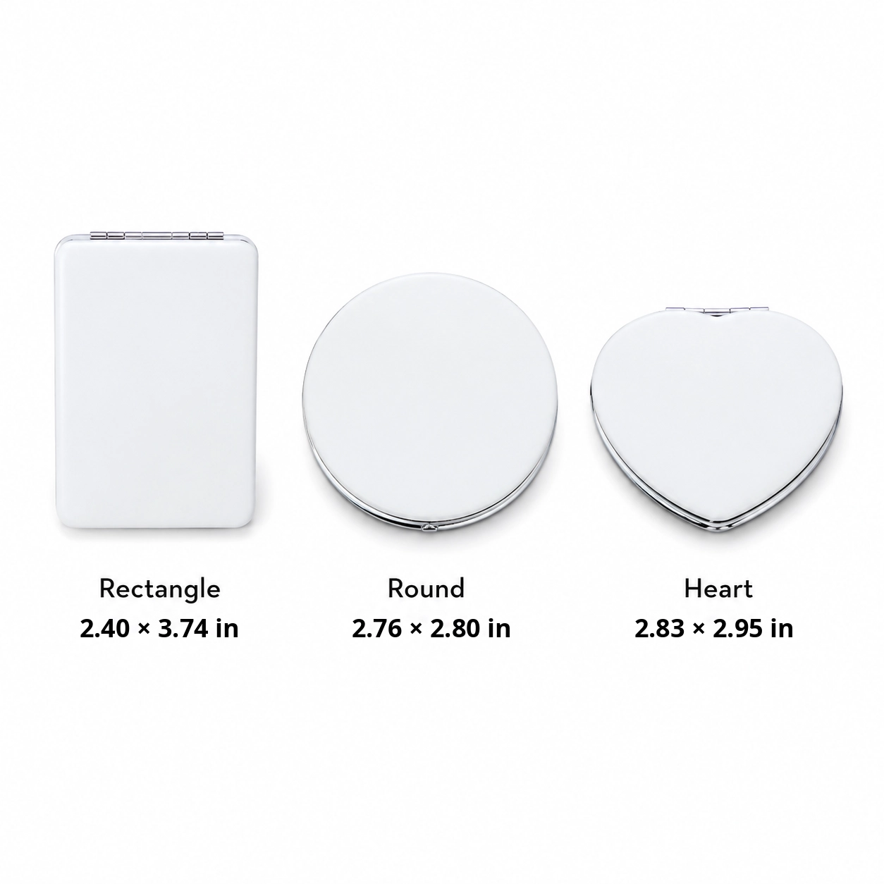 Personalized compact mirrors in round, heart, and rectangle styles