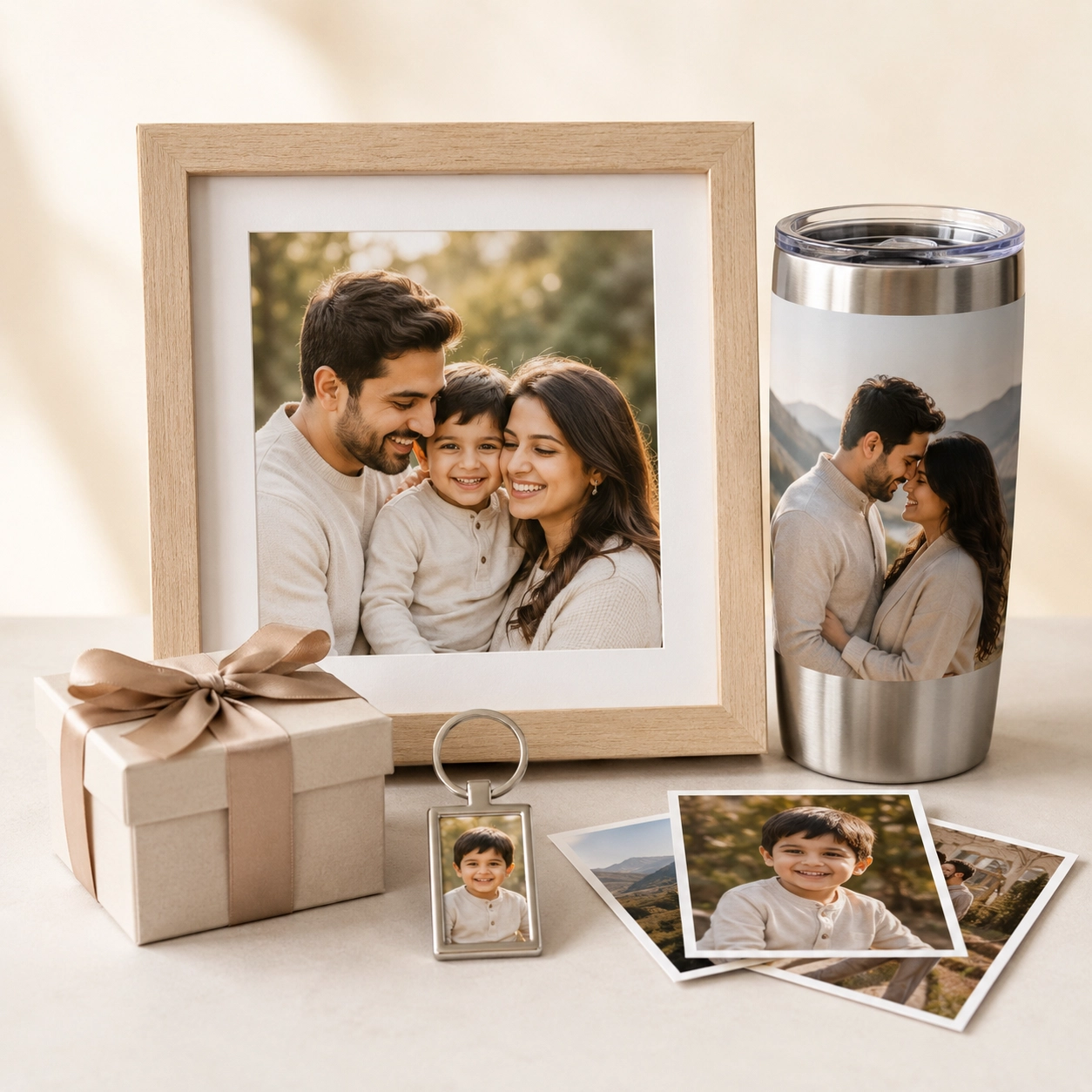 Custom family photo gifts including a framed portrait, tumbler, keychain, and prints.