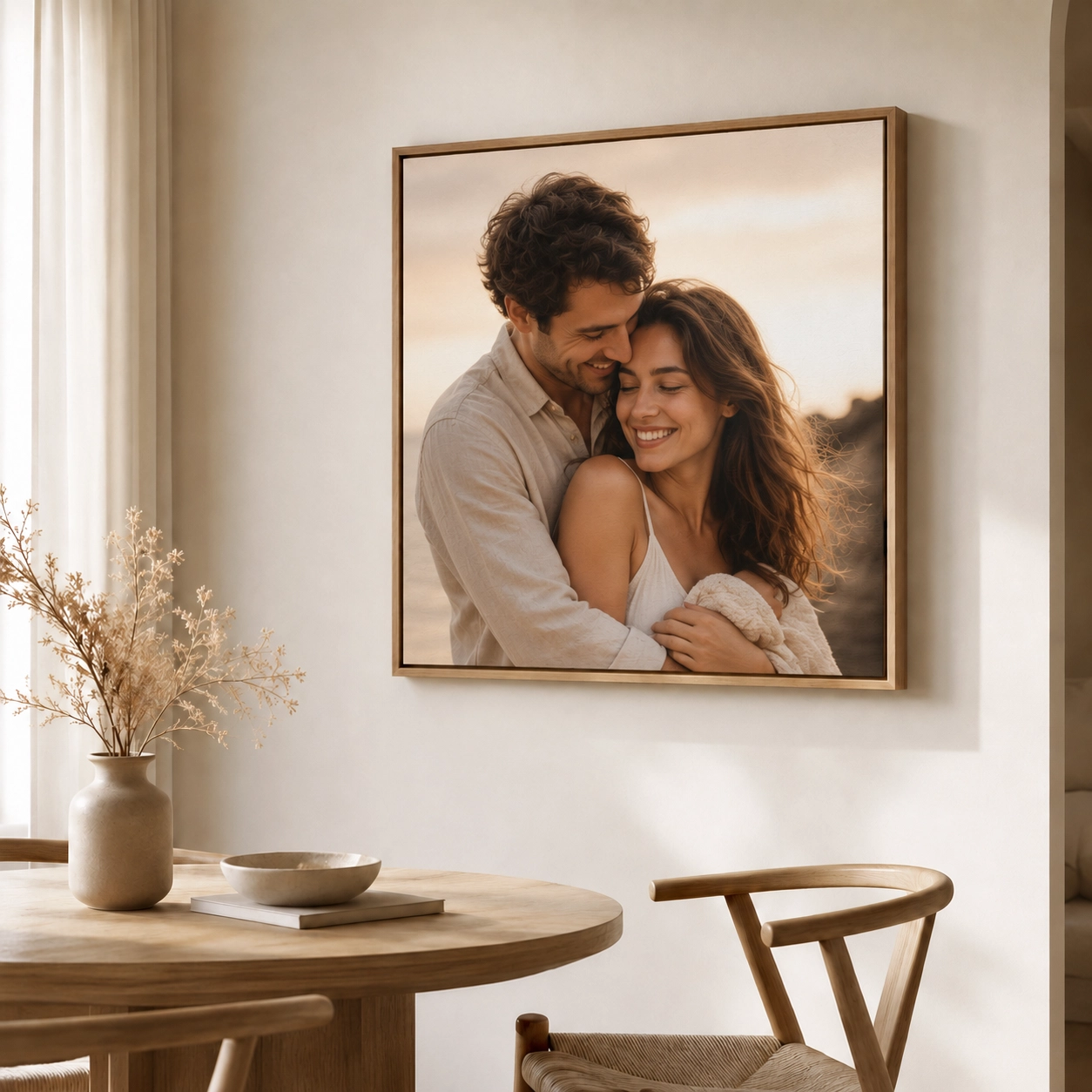 Personalized framed canvas print of a couple in a warm Japandi dining room