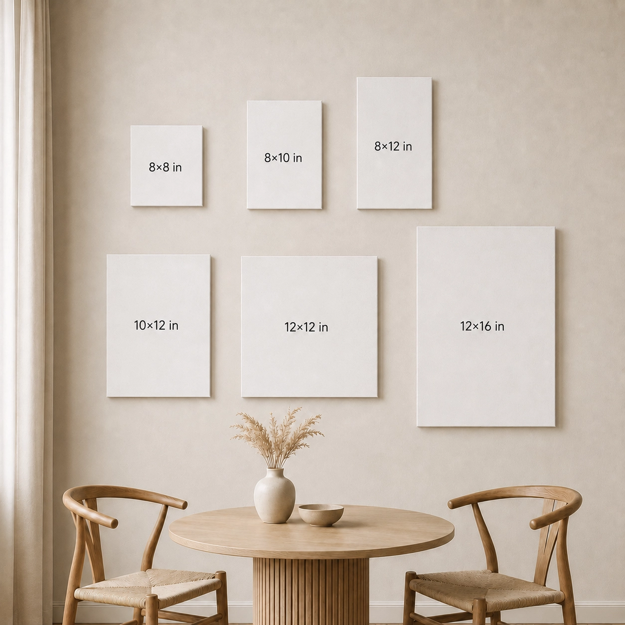 Custom framed canvas print sizes displayed in a serene Japandi dining nook