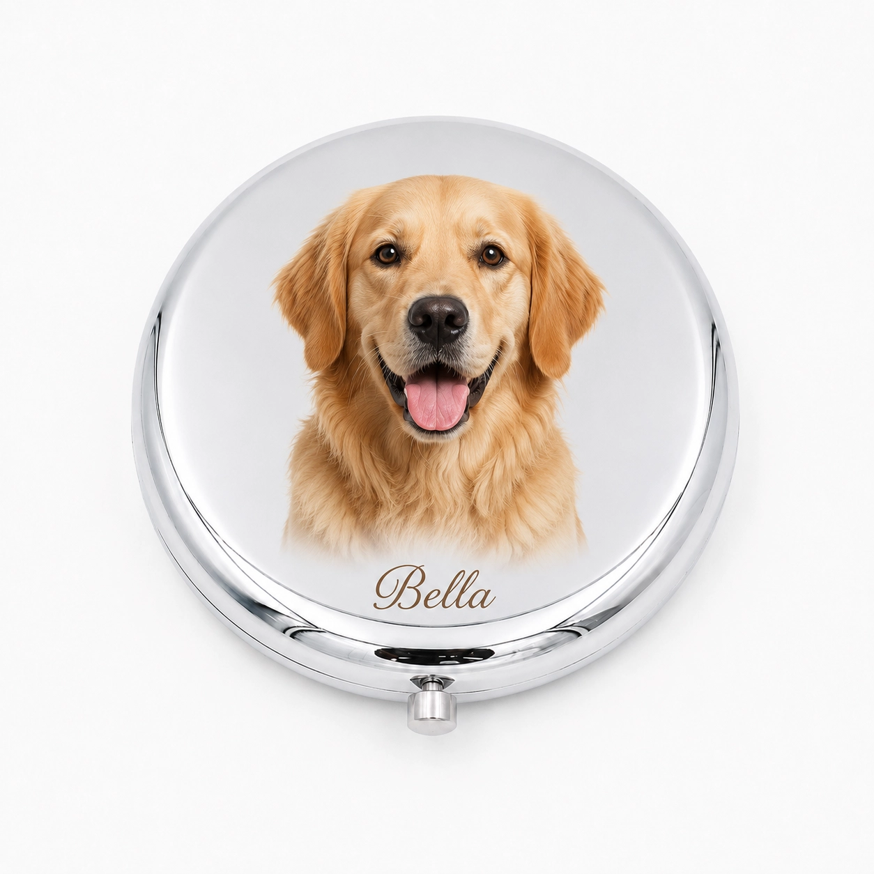 Custom silver compact mirror with golden retriever portrait and name Bella