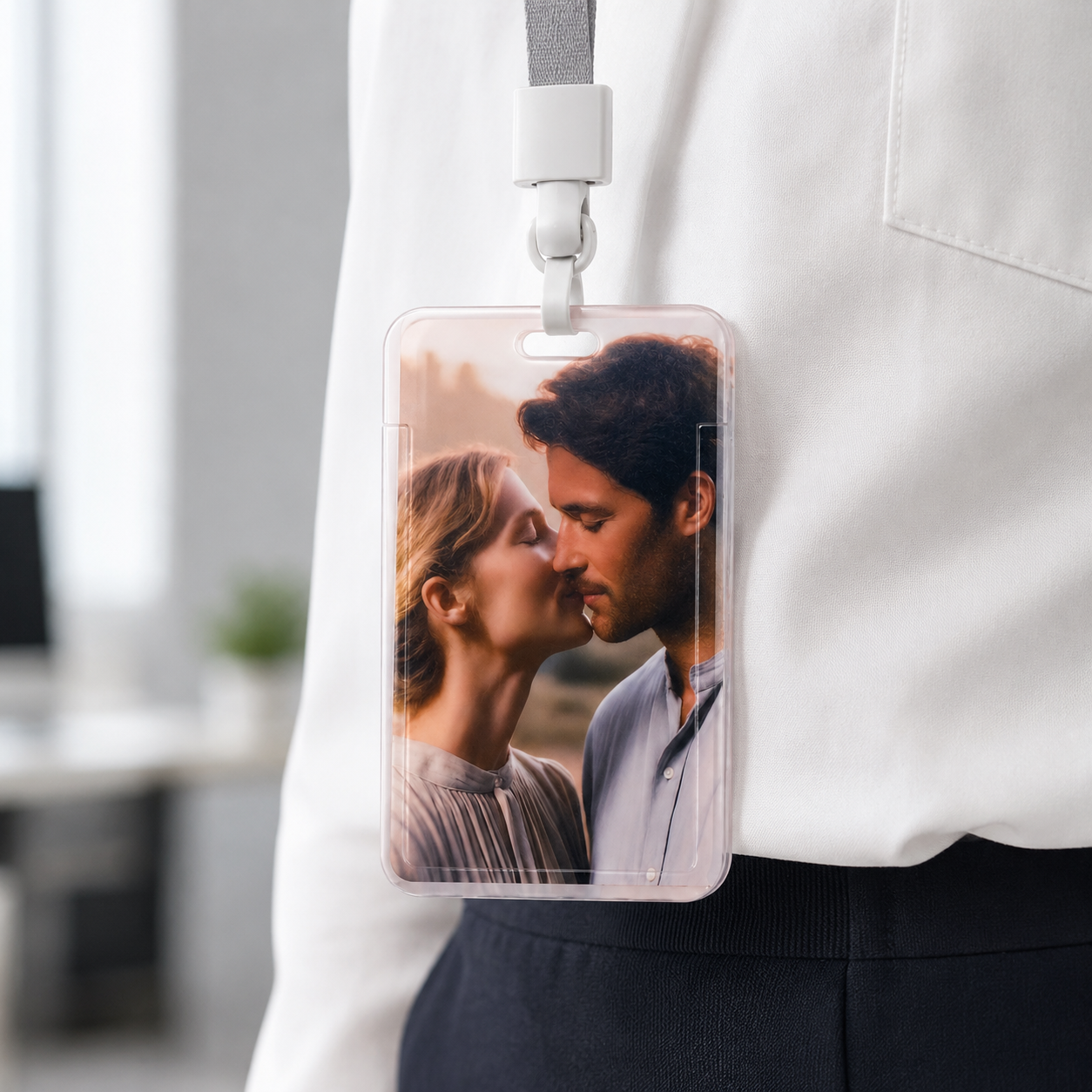 Personalized photo ID badge with custom couple portrait worn on office lanyard.