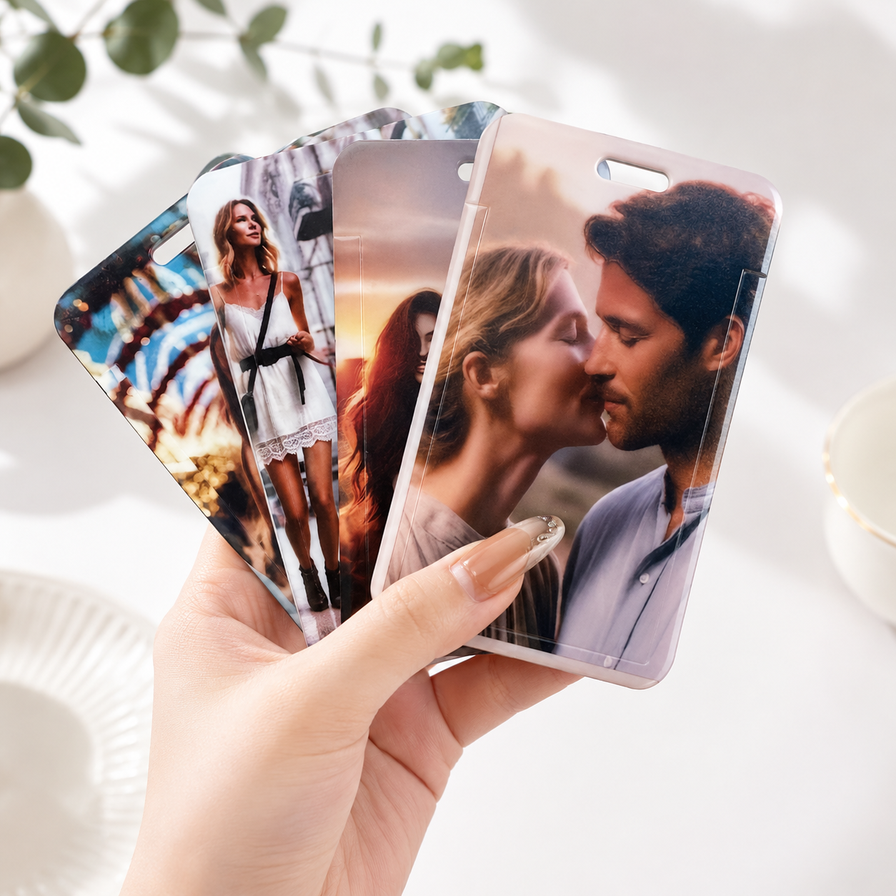 Custom glossy laminated photo ID badges held in a woman’s hand