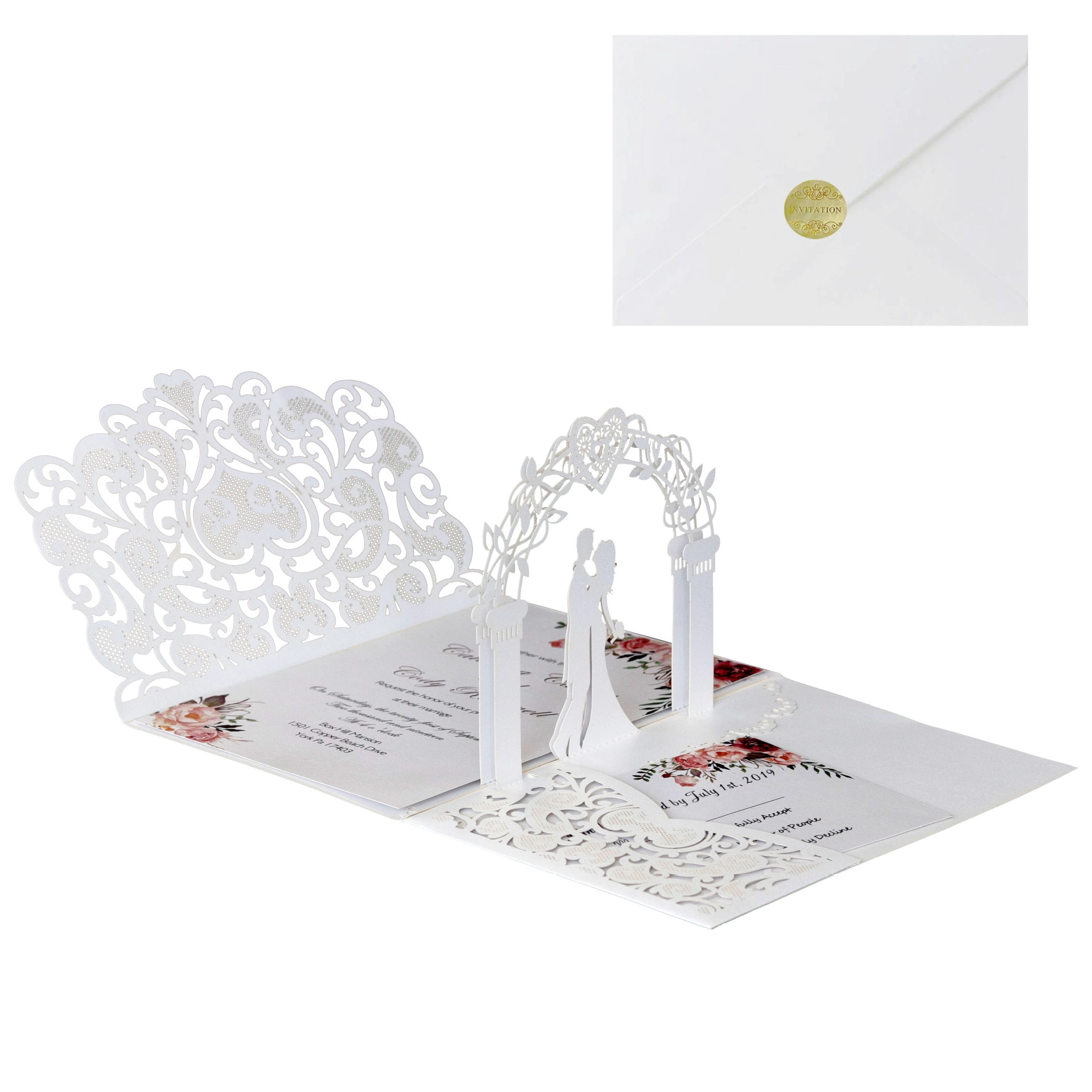 Elegant white 3D laser-cut pop-up wedding invitation with bride and groom arch