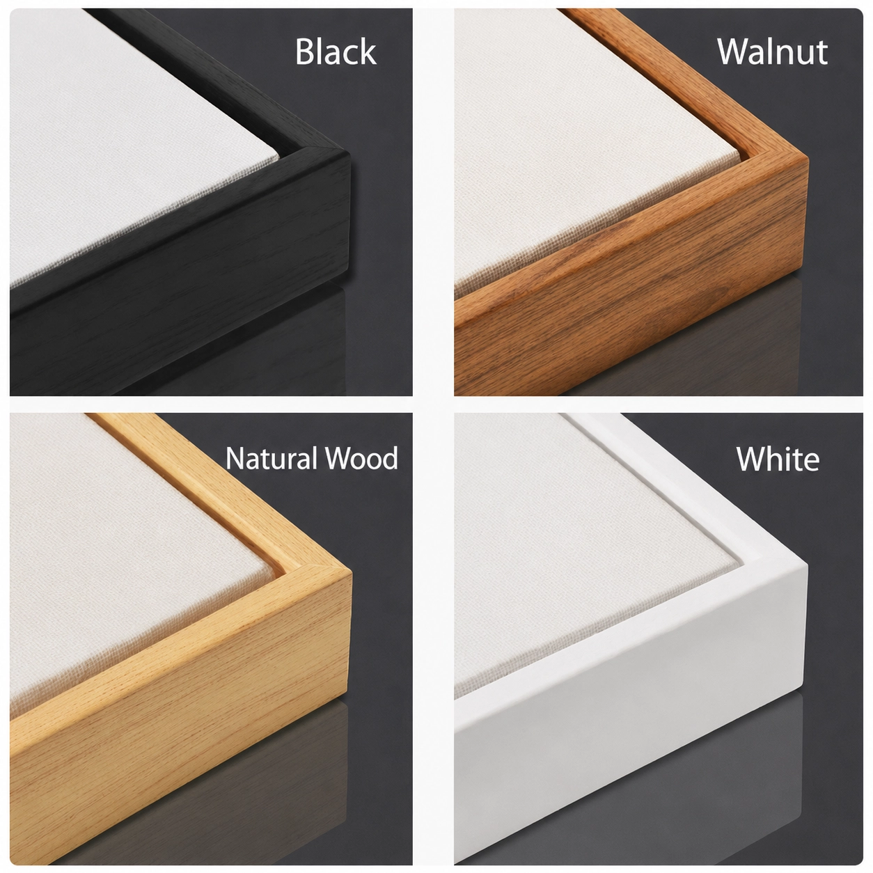 Floating canvas frame finishes in black, walnut, natural wood, and white.