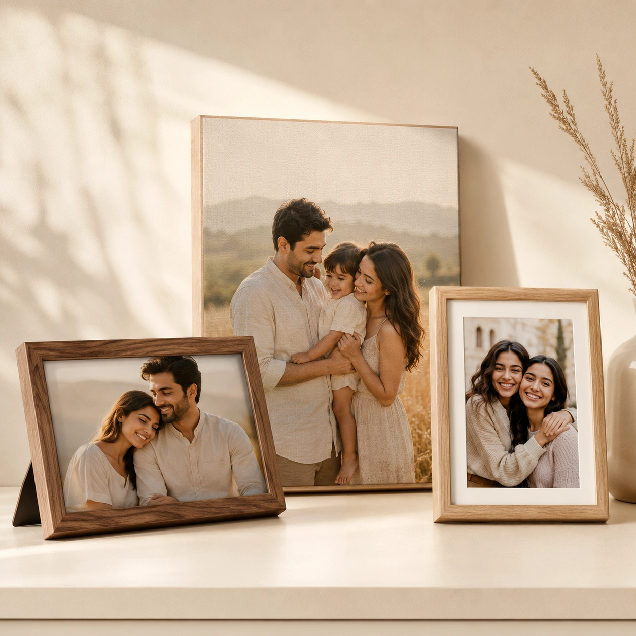Framed family photos arranged on a sunlit wooden home shelf with dried grasses.