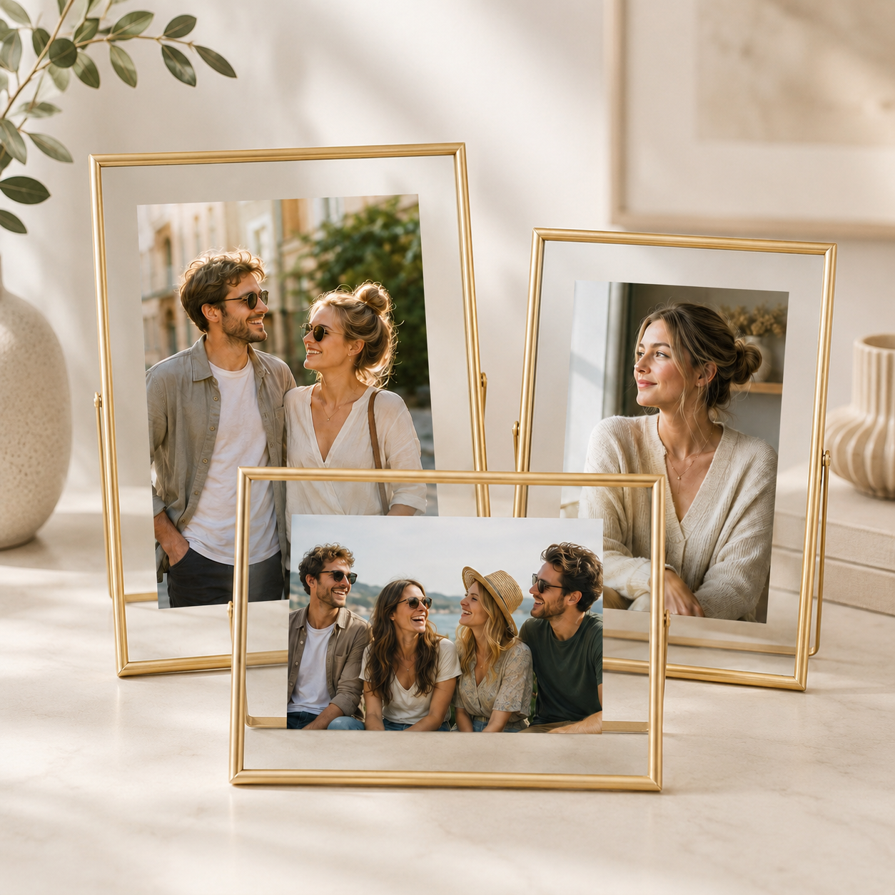 Personalized gold floating frames displaying family photos on a marble surface.