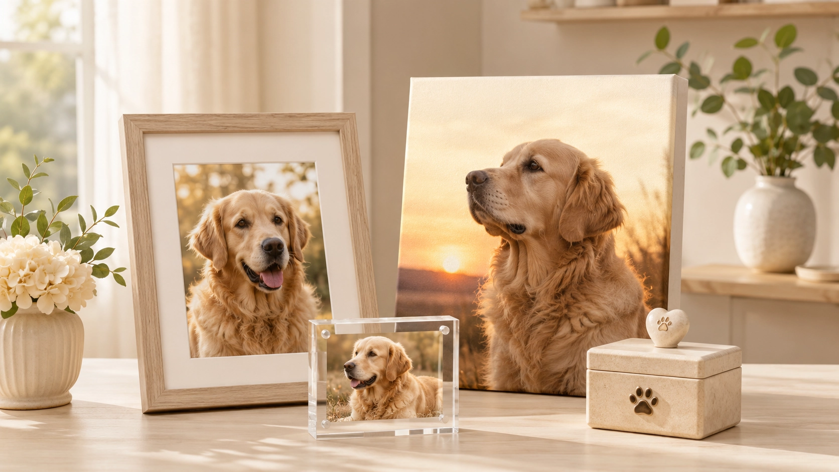 Warm sunlit golden retriever memorial with framed portraits and pet keepsakes in a cozy home
