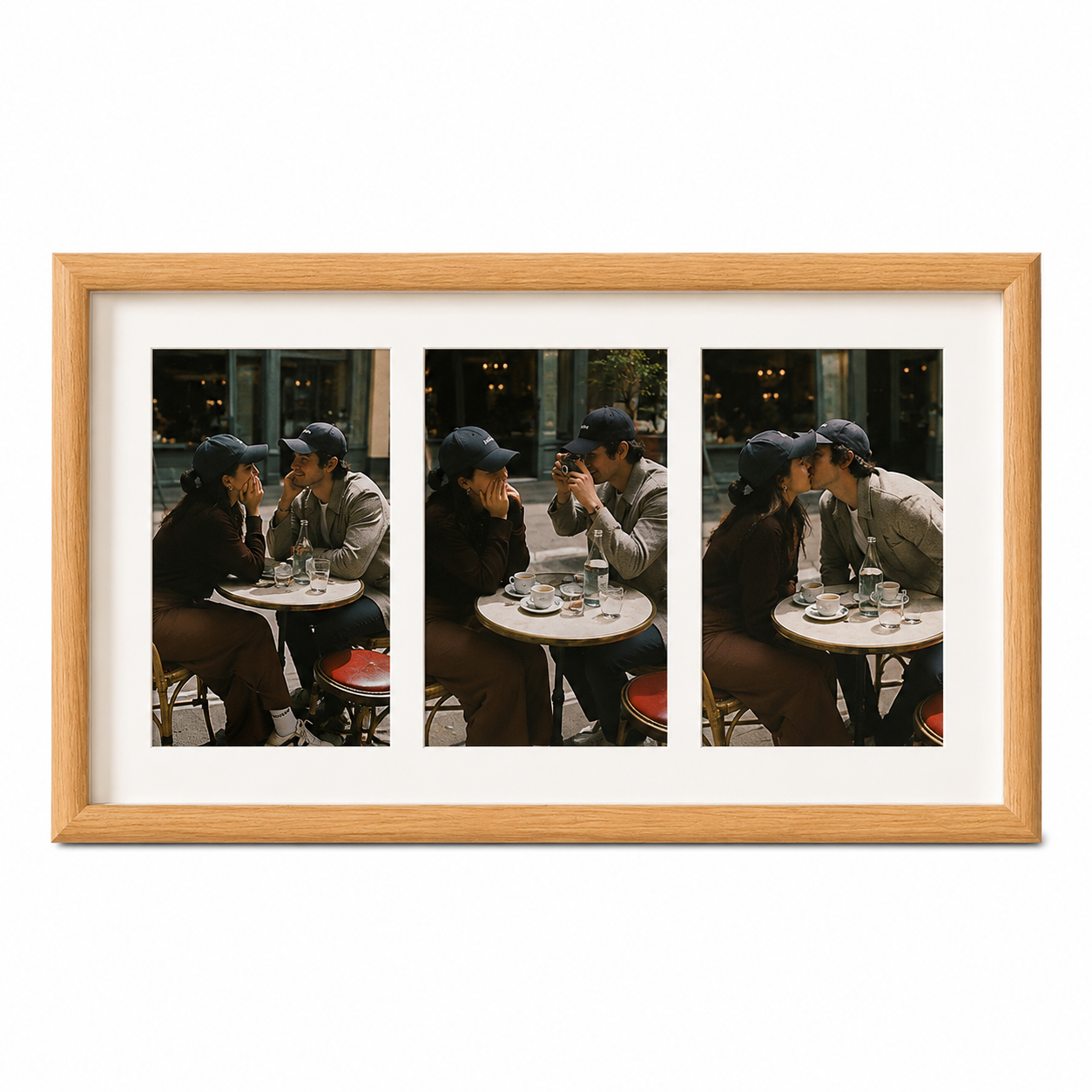 Personalized natural wood 3-photo collage frame with romantic couple cafe date photos
