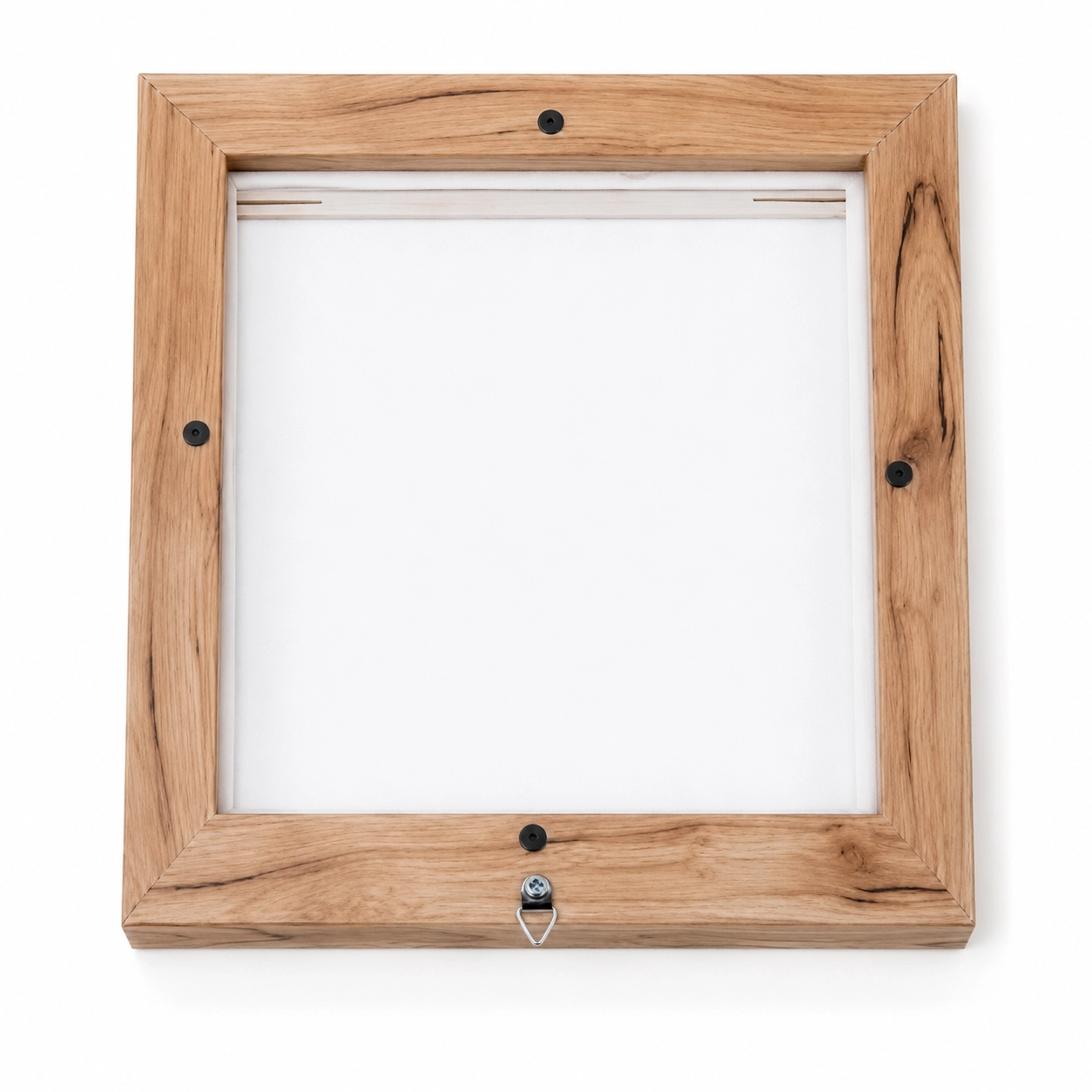 Back view of square natural wood floating frame with hanging hardware for canvas prints.