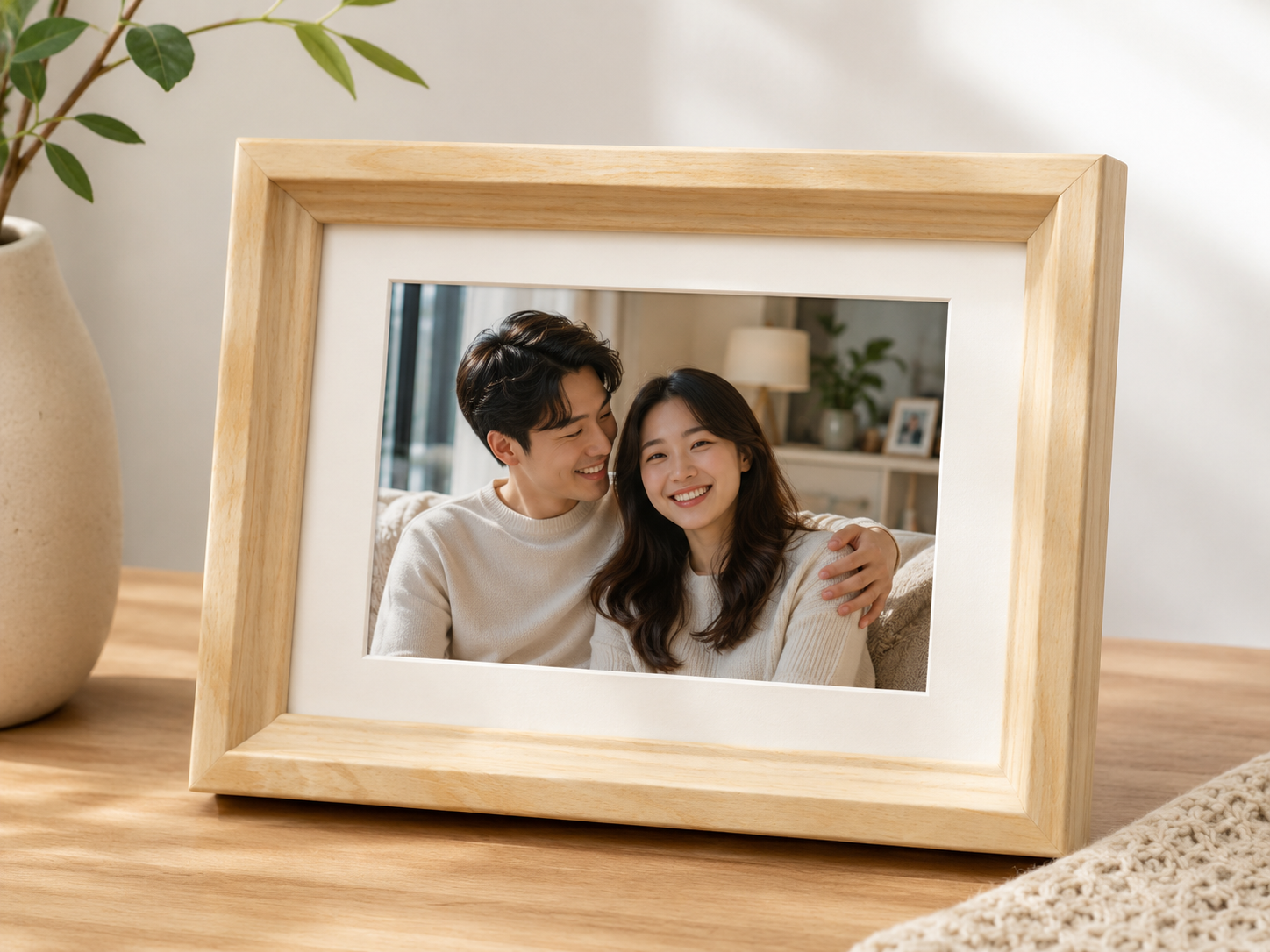 Personalized wooden picture frame displaying a custom couple photo in cozy sunlight