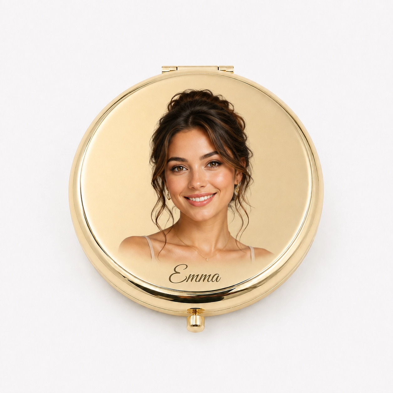 Personalized gold compact mirror with custom photo and name, a thoughtful gift for her.