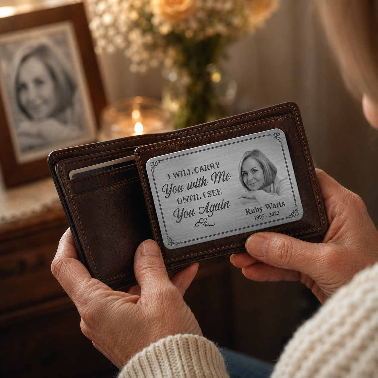 Personalized photo-engraved metal memorial wallet card in a leather wallet
