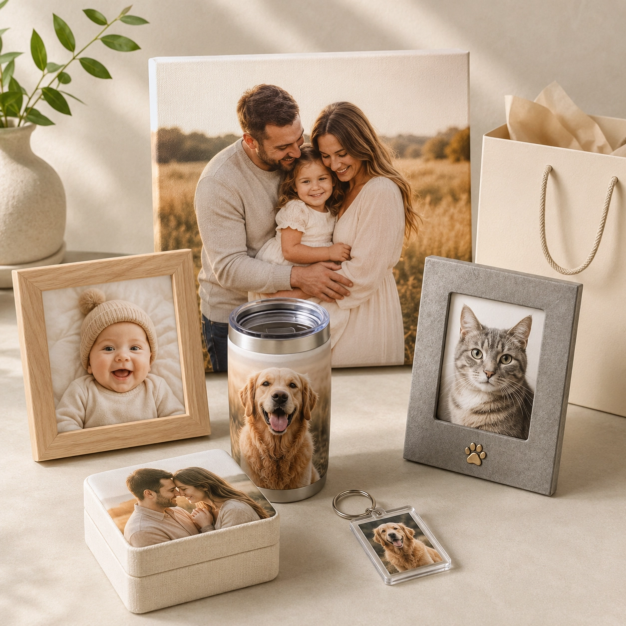 Personalized photo gifts: custom canvas, picture frames, tumbler, keychain, and trinket box