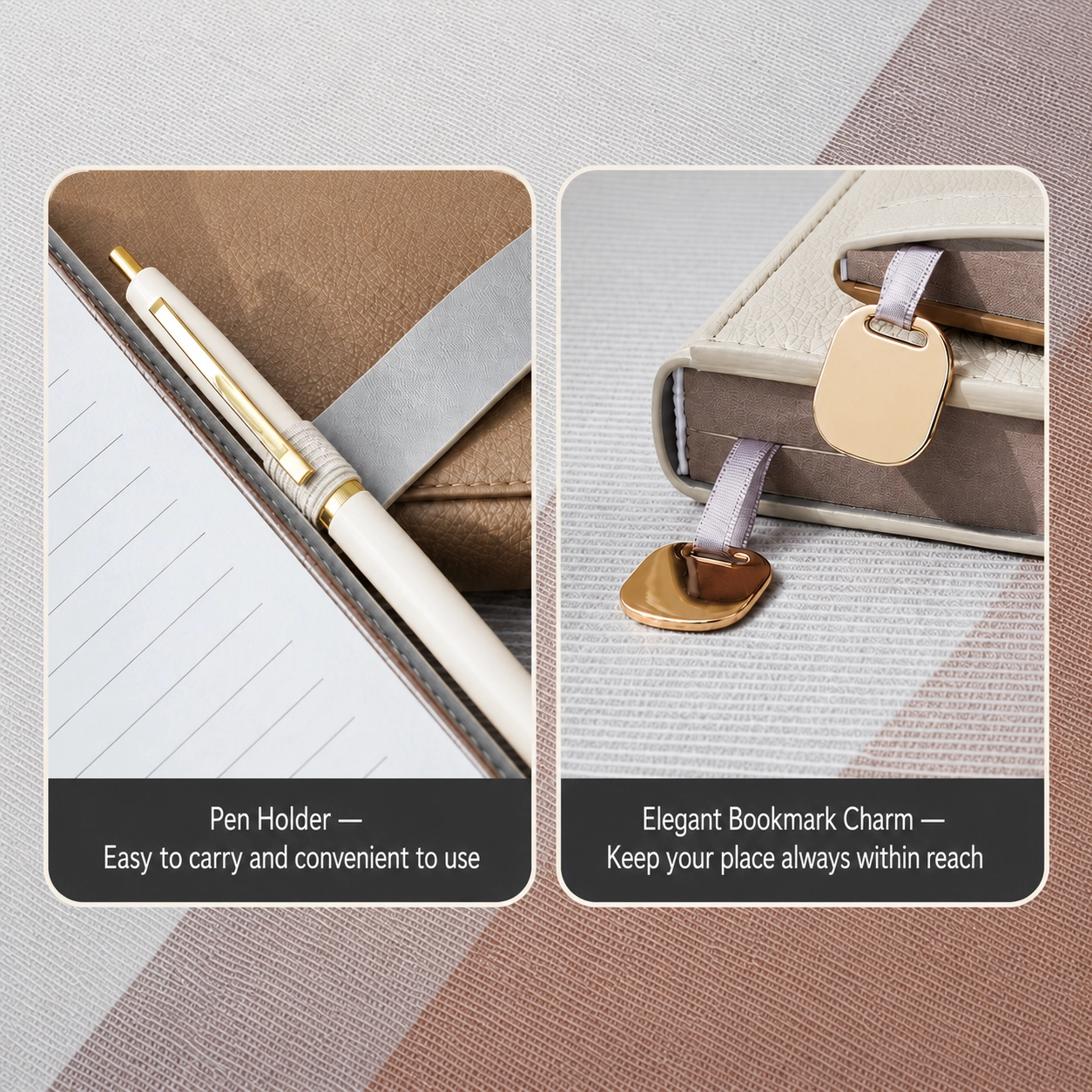 Personalized photo notebook gift set with built-in pen loop and magnetic bookmark charm