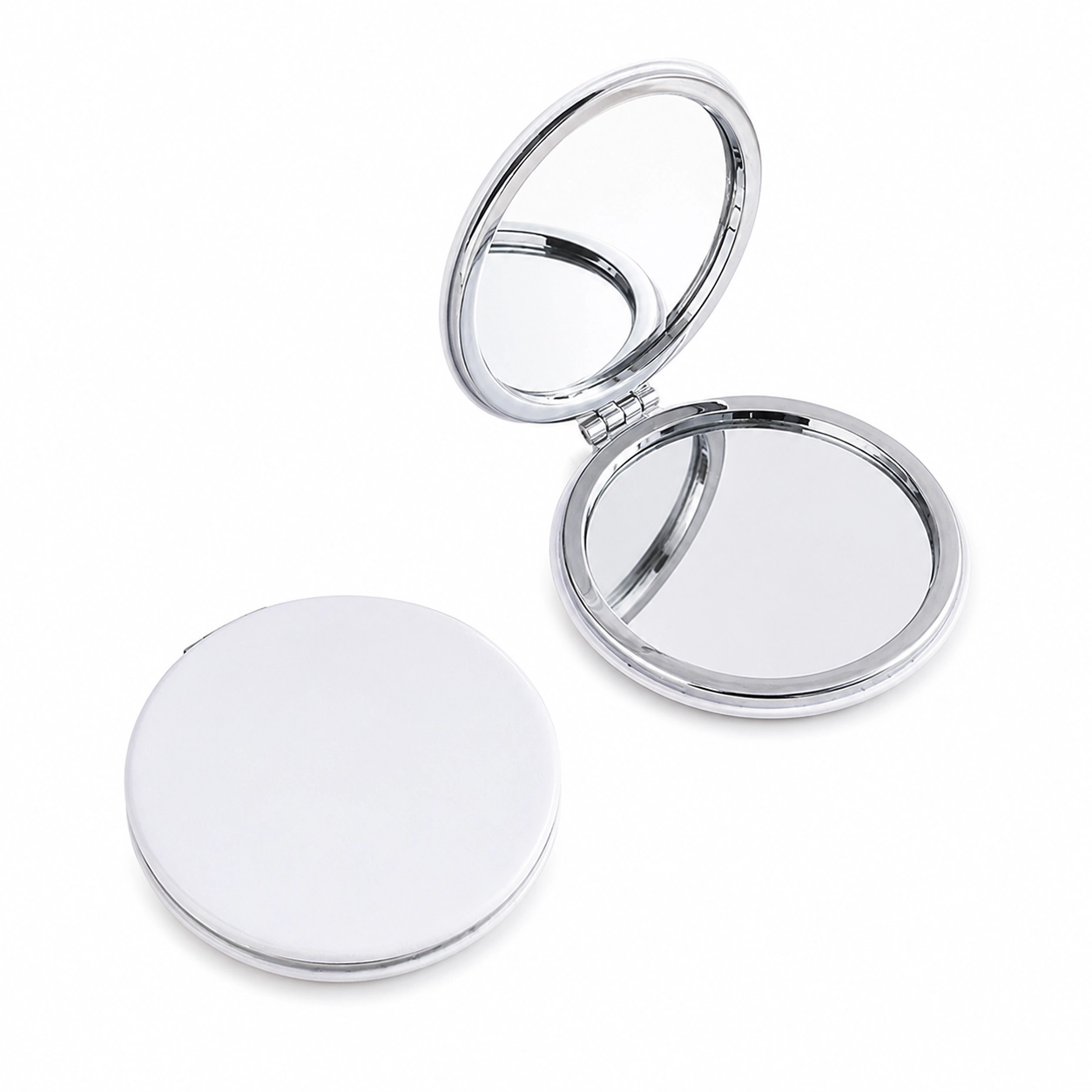 Personalized round compact mirror with silver trim, custom bridesmaid gift.