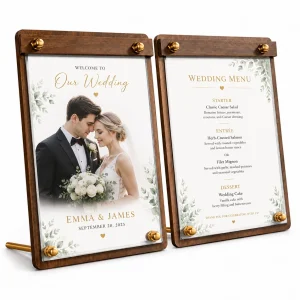 Personalized Acrylic Walnut Display Stand, Custom Wedding Menu and Photo Table Sign