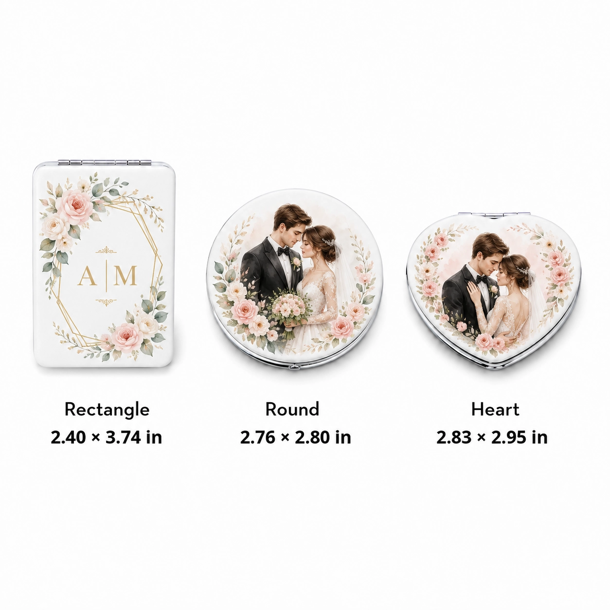 Personalized wedding compact mirrors in round, heart, and rectangle shapes