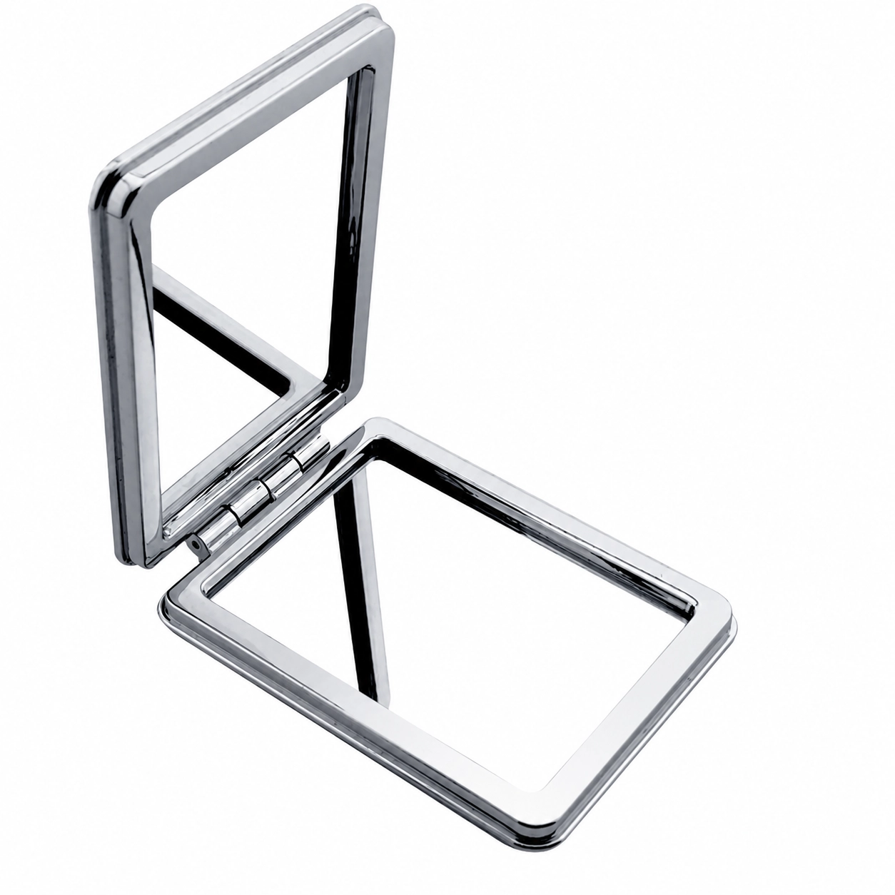 Personalized polished silver rectangular compact mirror standing open on a white background.