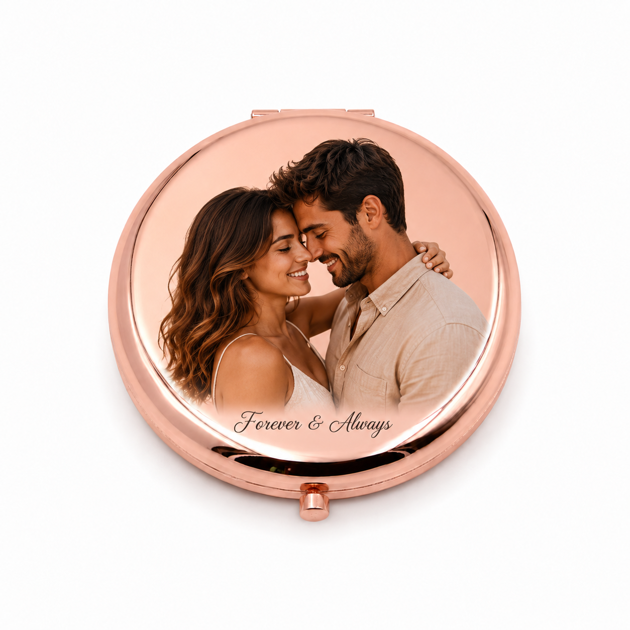 Personalized rose gold compact mirror with a custom couple photo, a romantic gift