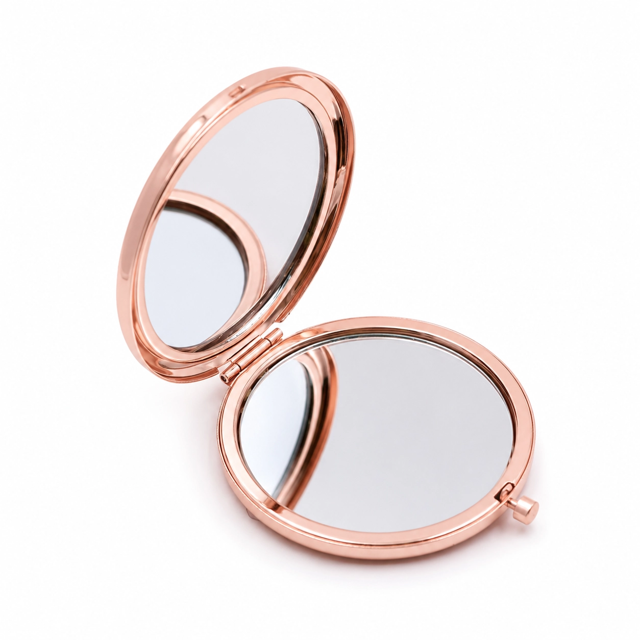 Personalized round rose gold compact mirror open showing dual mirrors