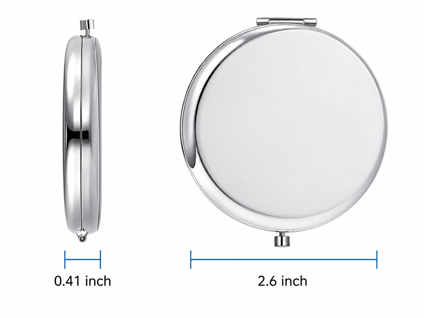 Personalized round silver compact mirror with labeled product dimensions