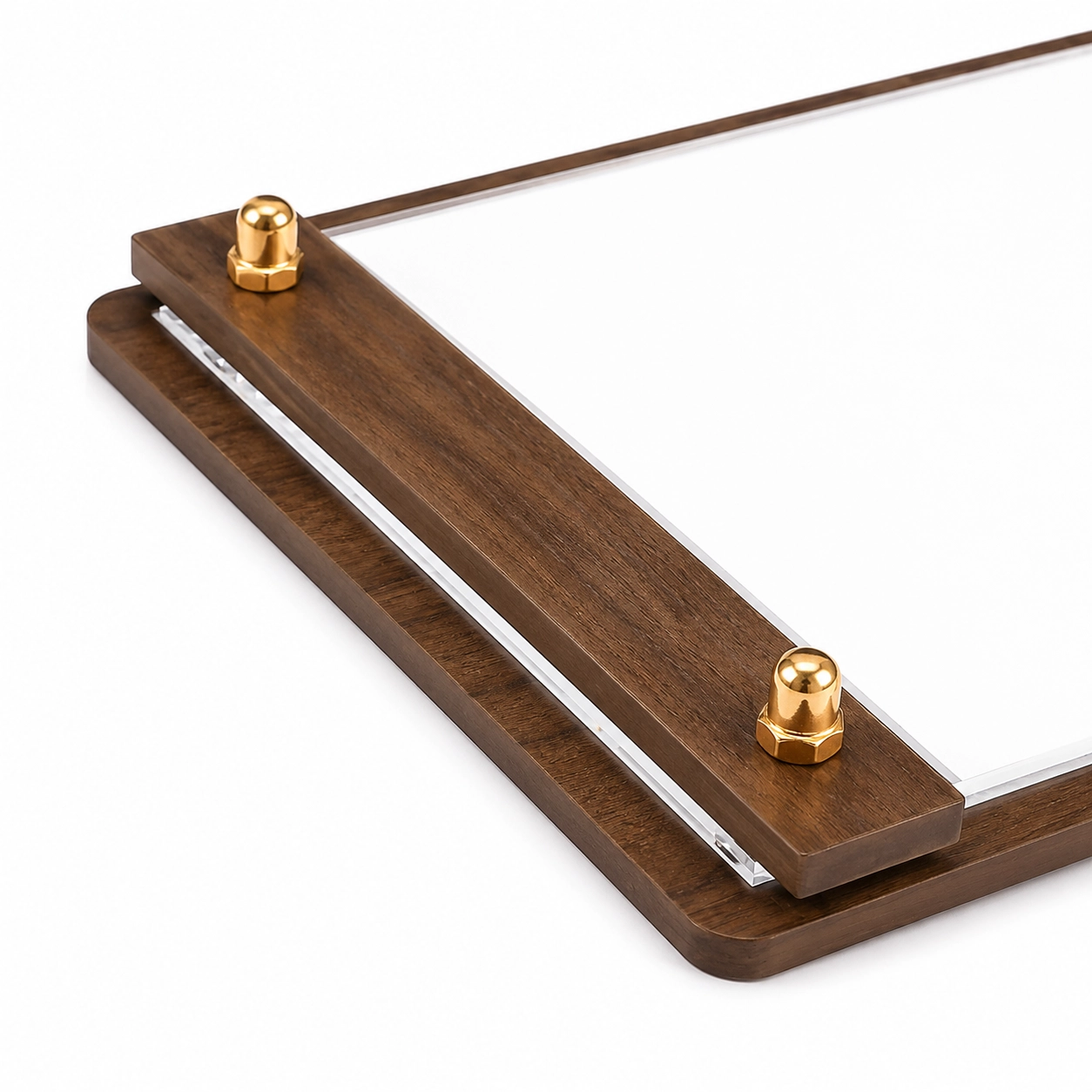 Clear acrylic walnut display stand with gold hardware for wedding menus and table signs.