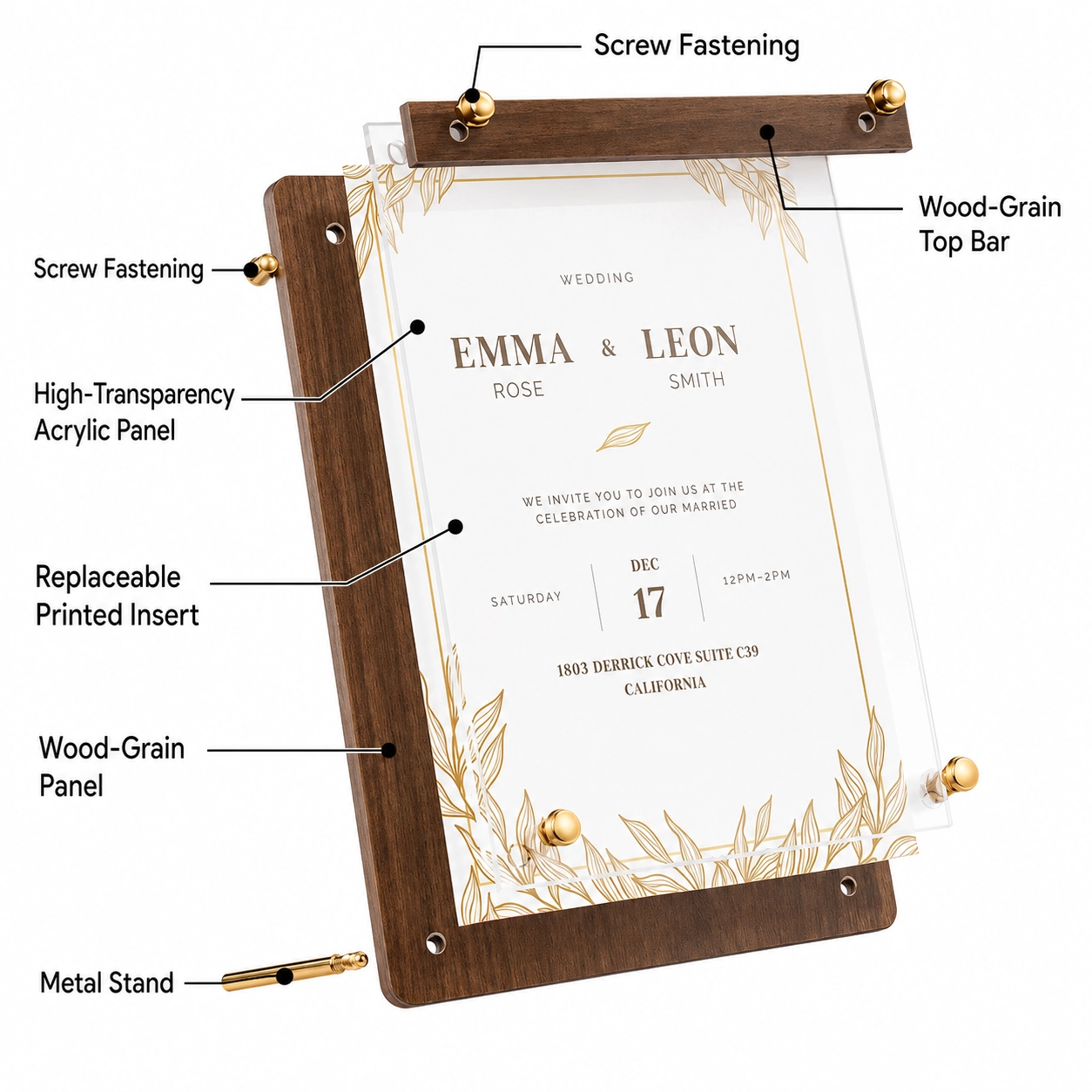 Personalized Acrylic Walnut Display Stand, Custom Wedding Menu and Photo Table Sign
