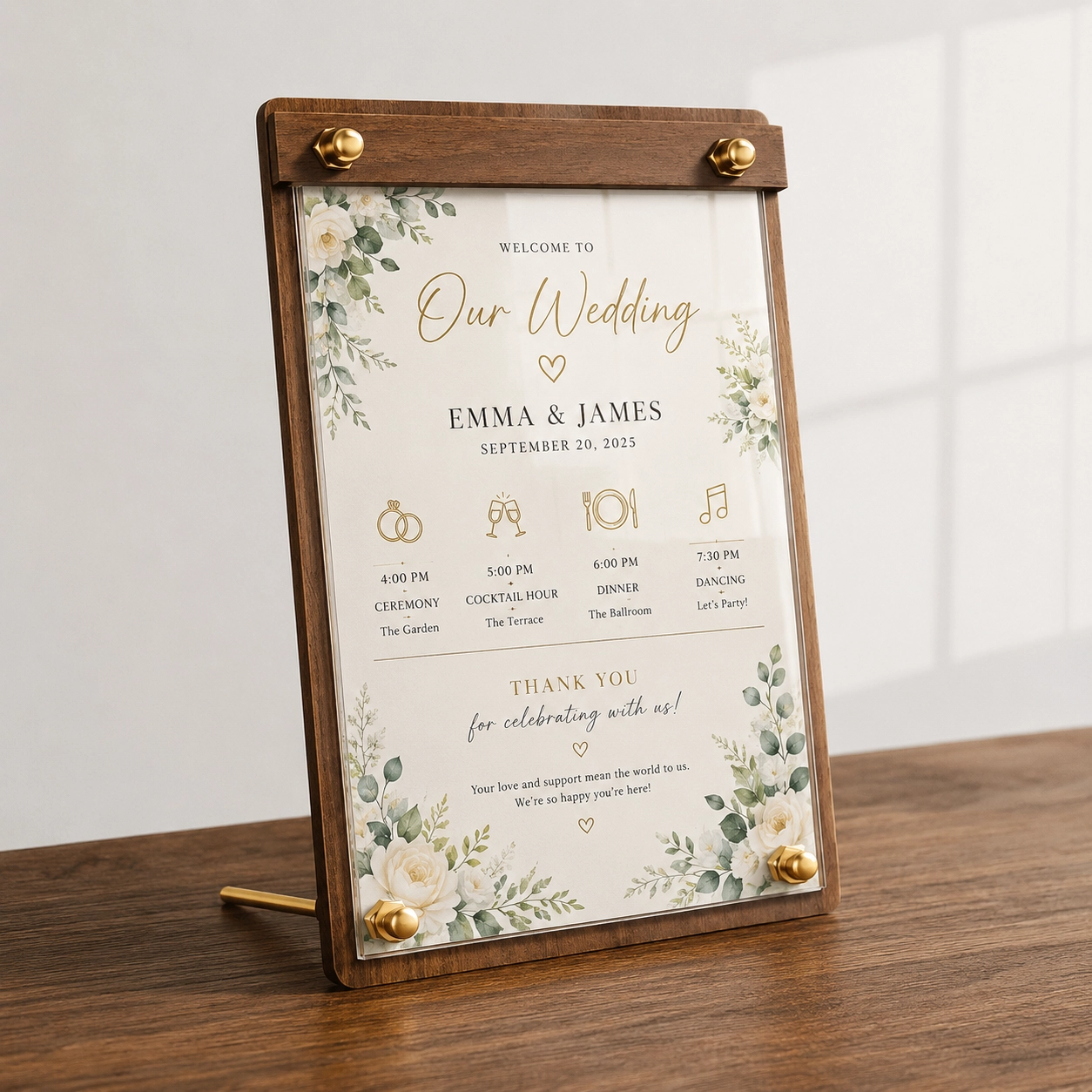 Personalized Acrylic Walnut Display Stand, Custom Wedding Menu and Photo Table Sign