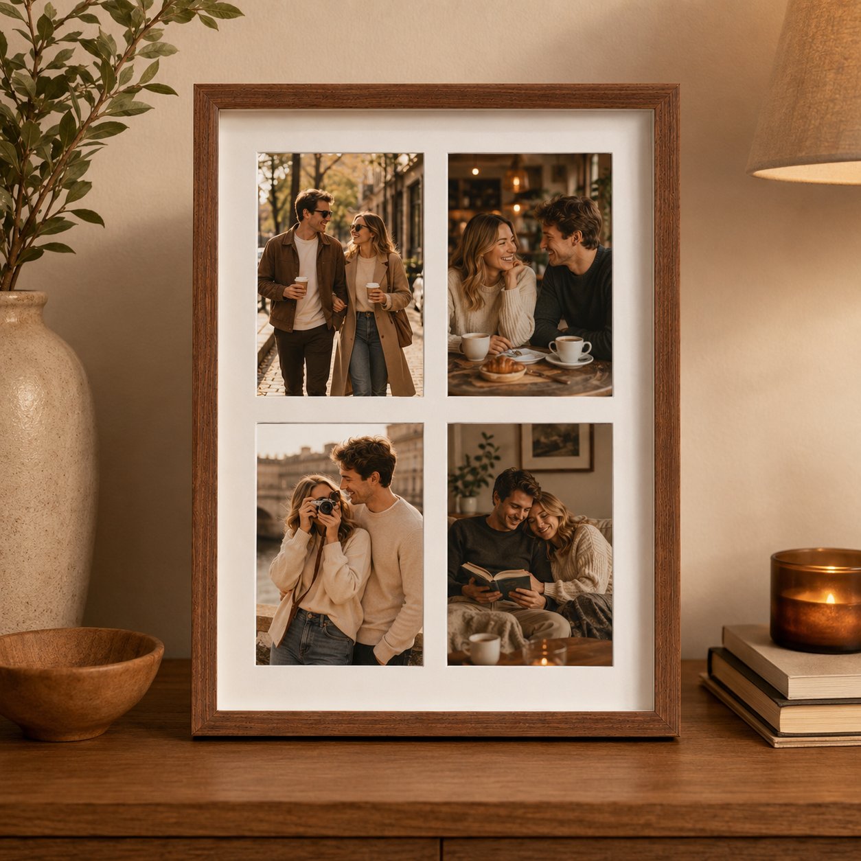 Personalized walnut collage picture frame with four couple and travel photos.