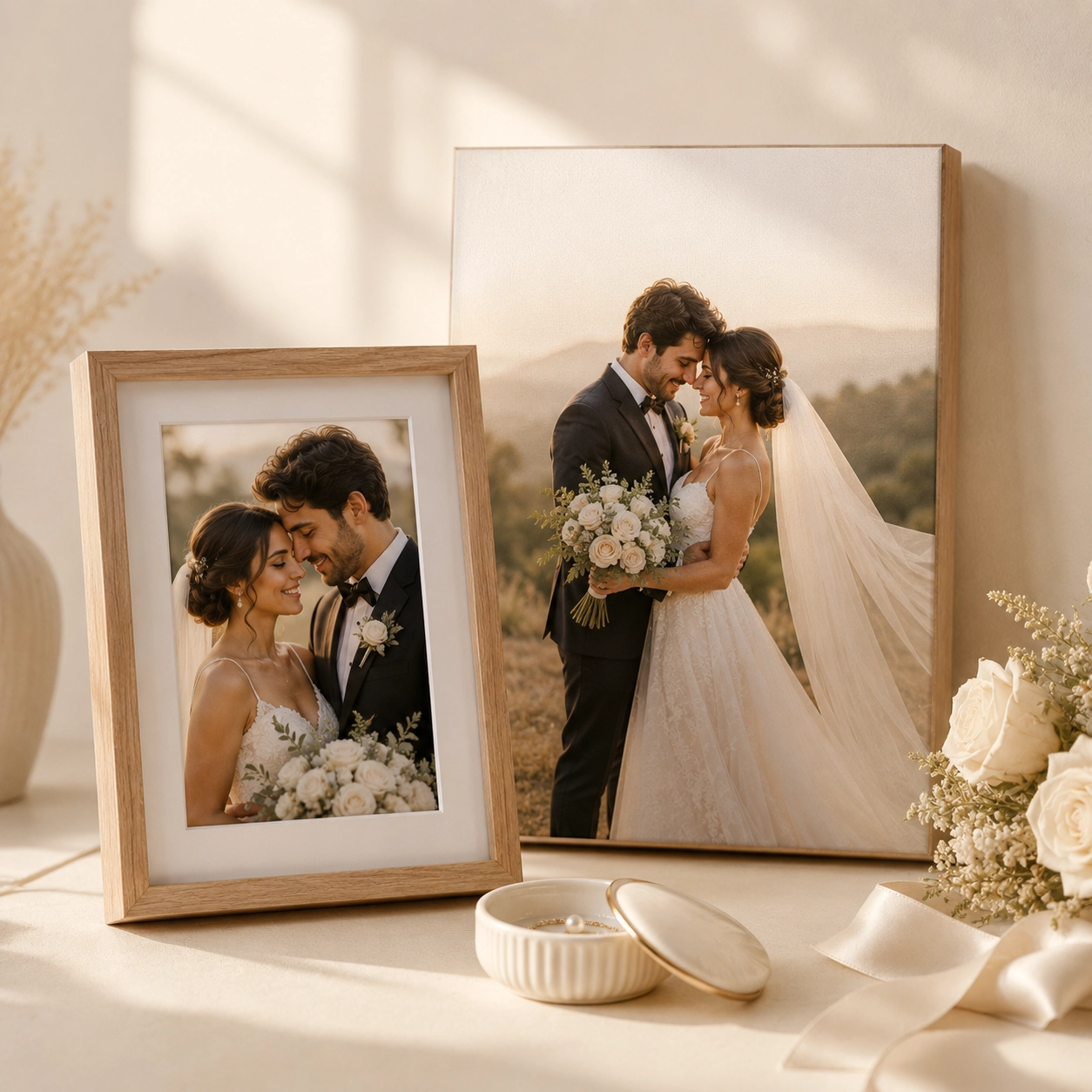 Framed wedding portraits of a bride and groom in a romantic still life arrangement.