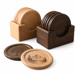 Personalized Wooden Coaster Set with Holder – Custom Laser Engraved