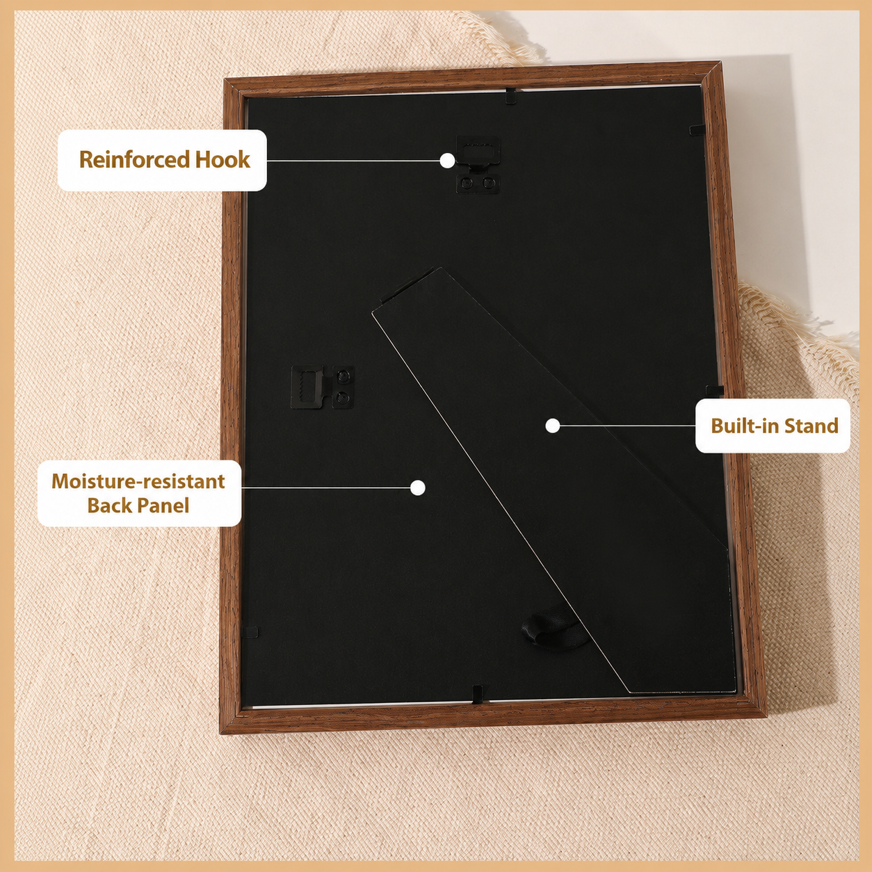 Wooden collage picture frame back with hanging hook, easel stand, and moisture-resistant panel.