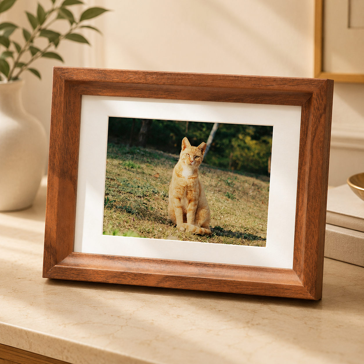 Personalized 7 inch wooden tabletop picture frame with ginger tabby cat photo