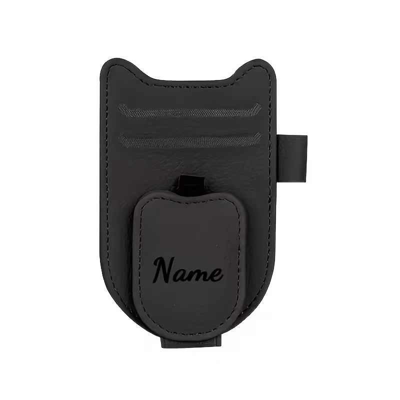 Personalized black cat-ear car visor sunglasses holder with custom name and card slots