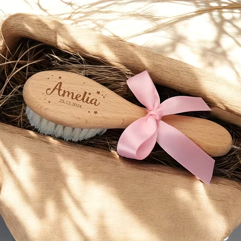 Personalized baby brush and comb set, 3 wooden pieces with pink satin bow.