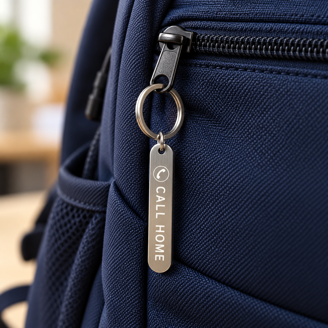 Personalized emergency contact keychain with silver custom metal tag attached to navy backpack zipper