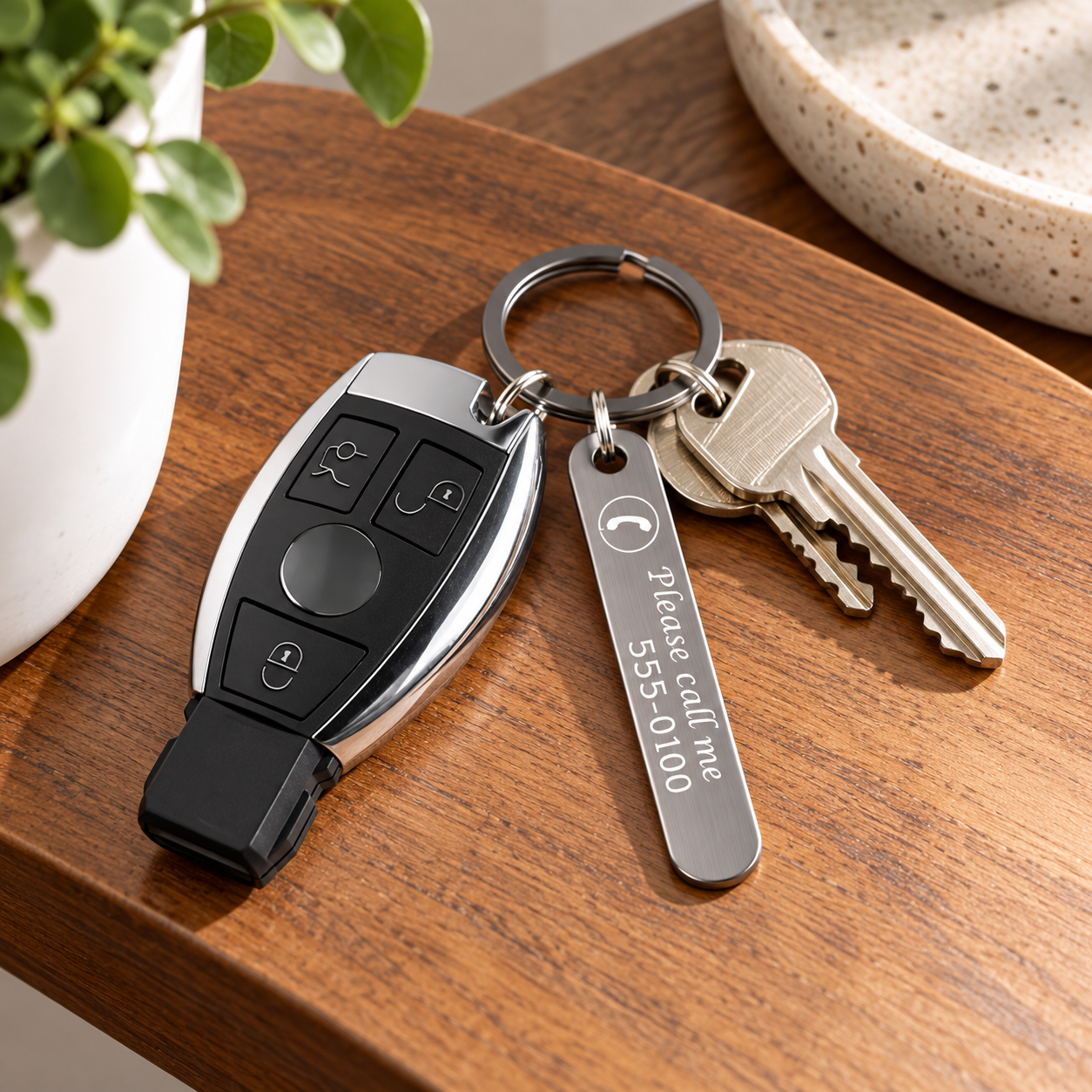 Personalized emergency contact keychain with a custom engraved silver metal tag.